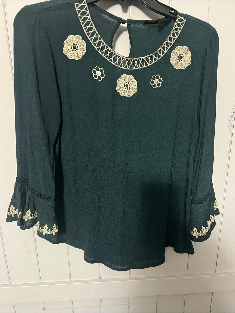Sweet Wanderer Dark Green Blouse with Cream Crochet Accents